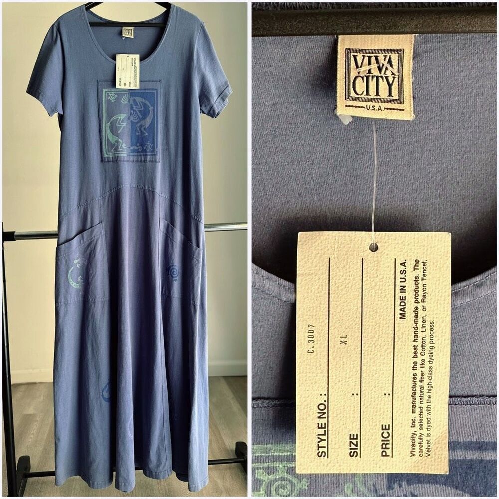 Viva City USA Blue Short Sleeve Maxi Dress Size XL Made in USA